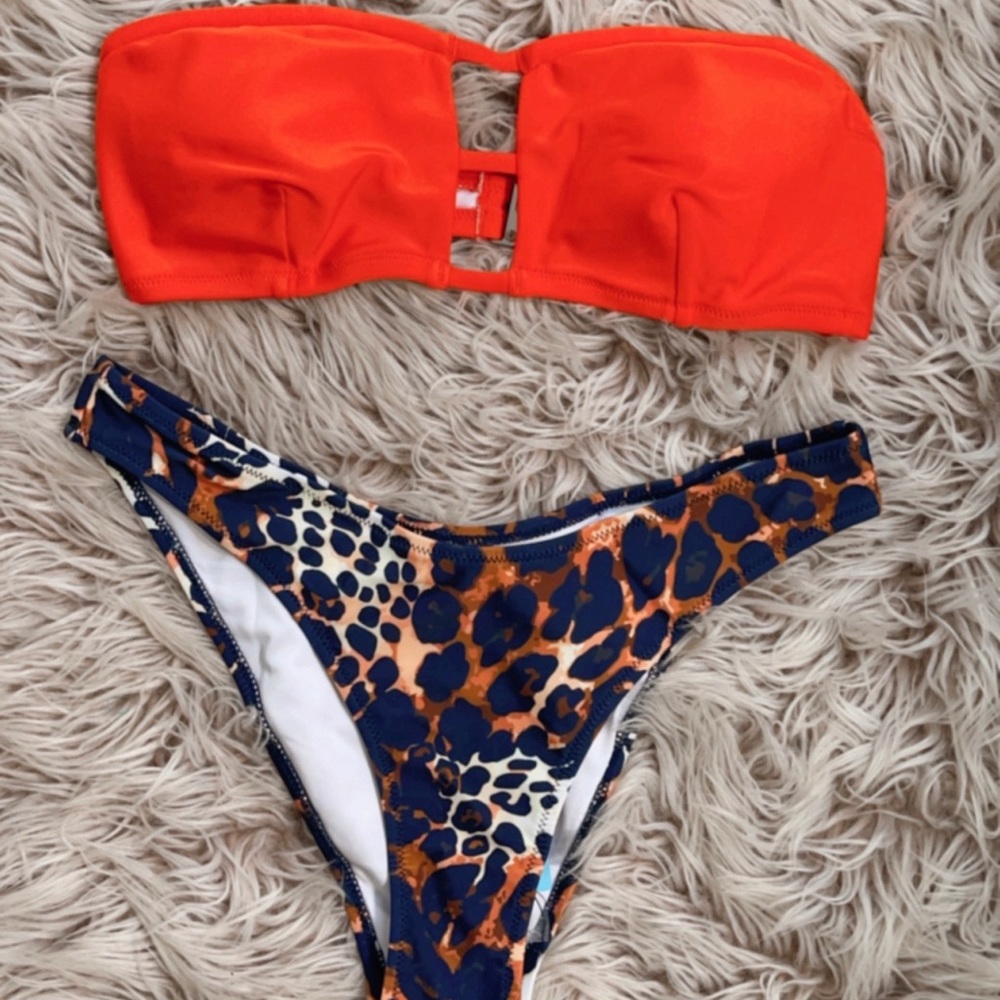 Orange Bandeau Top Leopard High-Leg Bikini Sets